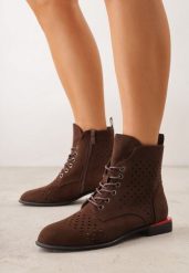 Brązowe Botki Trzewiki VICES z Ażurową Cholewką Bissen. Brązowe botki Born2be, z aplikacjami, z dzianiny, biznesowe, bez obcasa, na płaskiej podeszwie, bez zapięcia. Za 129.99 zł.