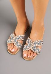 Niebiesko-Beżowe Klapki z Plecionką w Stylu Boho Felmirella. Niebieskie klapki Born2be, bez wzorów, z jeansu, boho, bez obcasa, na płaskiej podeszwie, bez zapięcia. Za 69.99 zł.