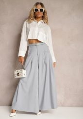 Szare Spodnie Typu Kuloty z Paskiem z Imitacji Skóry z Klamrą i Ozdobnymi Zakładkami Drisanda. Szare jeansy Renee, m, bez wzorów, z jeansu, eleganckie. W wyprzedaży za 167.99 zł.