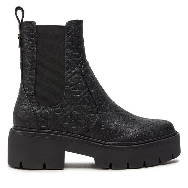 Sztyblety Guess. Czarne botki Guess, z aplikacjami, bez obcasa, na płaskiej podeszwie, bez zapięcia. Za 629.99 zł.