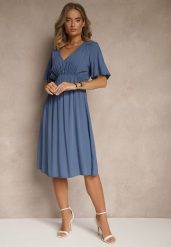 Granatowa Rozkloszowana Sukienka z Bawełnianej Tkaniny Lirioneae. Niebieskie sukienki Renee, na co dzień, l, bez wzorów, z bawełny, eleganckie, bez kołnierzyka, bez ramiączek, midi, rozkloszowane. W wyprzedaży za 55.99 zł.