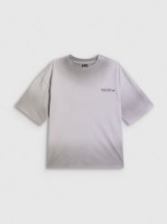 4F T-shirt loose z nadrukiem damski - szary S. Szare t-shirty 4f, s, bez wzorów, z bawełny, klasyczne, bez kołnierzyka, bez ramiączek. Za 79.99 zł.