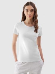 4F T-shirt slim z nadrukiem damski - biały S. Białe t-shirty 4f, s, bez wzorów, z bawełny, sportowe, bez kołnierzyka, bez ramiączek. W wyprzedaży za 39.99 zł.