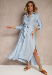 Niebieska Sukienka Koszulowa z Wiskozą Ozdobiona Paskiem Cleonira. Niebieskie sukienki Renee, na co dzień, l, bez wzorów, z wiskozy, eleganckie, bez kołnierzyka, bez ramiączek, maxi, kopertowe. W wyprzedaży za 107.99 zł.