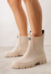 Beżowe Kalosze Typu Sztyblety z Antypoślizgową Podeszwą Volenne. Brązowe kalosze Renee, bez wzorów, z jeansu, bez zapięcia. Za 79.99 zł.