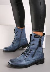 Niebieskie Botki za Kostkę z Wiązaniem Rahwa. Niebieskie botki Born2be, bez wzorów, z jeansu, eleganckie, za kostkę, bez obcasa, na obcasie, bez zapięcia. Za 139.99 zł.
