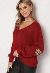 Bordowy Sweter z Wełną i Ozdobnymi Naszywkami na Łokciach Norethra. Czerwone swetry Born2be, na zimę, uniwersalny, z aplikacjami, z jeansu, eleganckie, bez ramiączek. W wyprzedaży za 118.99 zł.