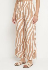 Beżowo-Białe Szerokie Spodnie z Wysokim Stanem z Paskami Lisavitia. Brązowe jeansy Born2be, bez wzorów, z jeansu, eleganckie, z podwyższonym stanem. Za 69.99 zł.