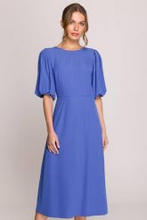 Elegancka sukienka koktajlowa z bufiastymi rękawami niebieska. Niebieskie sukienki Stylove, na imprezę, m, bez wzorów, z elastanu, eleganckie, bez kołnierzyka, bez ramiączek, midi, dopasowane. Za 439.00 zł.