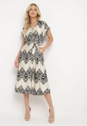 Beżowo-Czarna Taliowana Sukienka Boho z Wiskozą Wiązana w Talii Paskiem Losofia. Brązowe sukienki Born2be, na co dzień, l, z aplikacjami, z wiskozy, boho, bez kołnierzyka, bez ramiączek, midi. W wyprzedaży za 101.99 zł.