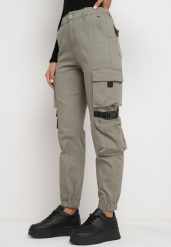 Ciemnozielone Spodnie Cargo z Elastycznej Bawełny Irilene. Zielone jeansy Born2be, l, bez wzorów, z bawełny, eleganckie. Za 109.99 zł.