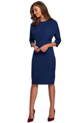 Sukienka Kimonowa z Zaszewkami - Granatowa. Czarne sukienki MOE, l, bez wzorów, z elastanu, wizytowe, bez kołnierzyka, bez ramiączek. Za 244.90 zł.
