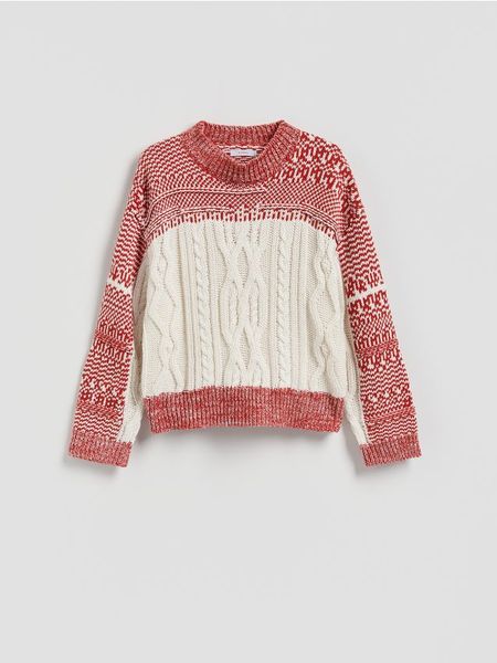 Sweter z ozdobnym splotem - wielobarwny. Swetry Reserved, l, bez wzorów, z dzianiny, bez ramiączek. Za 199.99 zł.