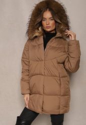 Ciemnobeżowa Kurtka z Pikowanymi Przeszyciami z Kapturem z Odpinanym Futrem Wiązana w Talii Issarelia. Brązowe kurtki Renee, l, bez wzorów, z jeansu, eleganckie, z kapturem. Za 169.99 zł.