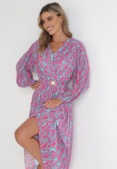 Niebieska Rozkloszowana Sukienka z Plisowaniem i Paskiem Narna. Niebieskie sukienki Born2be, na imprezę, l, bez wzorów, bez kołnierzyka, bez ramiączek, maxi, plisowane. Za 49.99 zł.