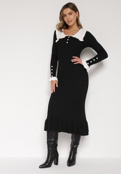 Czarna Dzianinowa Sukienka Retro z Wiskozą z Kołnierzykiem i Falbanami Hanlira. Czarne sukienki Born2be, na co dzień, m, bez wzorów, z dzianiny, eleganckie, bez kołnierzyka, bez ramiączek, dopasowane. Za 139.99 zł.