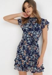 Granatowa Sukienka Corite. Niebieskie sukienki Born2be, na imprezę, l, z aplikacjami, z tkaniny, bez kołnierzyka, bez ramiączek, mini. W wyprzedaży za 84.99 zł.