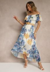 Niebieska Sukienka Hiszpanka z Kwiatowym Wzorem i Plecionym Paskiem Sadeene. Niebieskie sukienki Renee, na co dzień, m, bez wzorów, eleganckie, bez kołnierzyka, bez ramiączek, midi. W wyprzedaży za 107.99 zł.