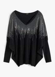 Sweter z cienkiej dzianiny z rękawami typu nietoperz i kryształkami. Czarne swetry bonprix, z aplikacjami, z dzianiny, eleganckie, bez ramiączek. Za 169.99 zł.