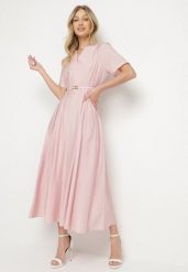Różowa Wiskozowa Sukienka z Lnem o Rozkloszowanym Kroju z Paskiem z Klamerką Linalin. Czerwone sukienki Born2be, na co dzień, l, bez wzorów, z wiskozy, eleganckie, bez kołnierzyka, bez ramiączek, maxi, rozkloszowane. W wyprzedaży za 127.49 zł.