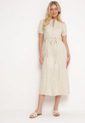 Jasnobeżowa Sukienka Rozkloszowana z Bawełny Wiązana w Talii Ozdobiona Koronką Mleiana. Brązowe sukienki Born2be, na randkę, l, bez wzorów, z bawełny, eleganckie, bez kołnierzyka, bez ramiączek, midi, rozkloszowane. W wyprzedaży za 153.99 zł.