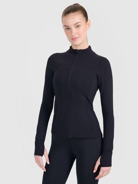 4F Bluza treningowa slim szybkoschnąca damska - czarna M. Czarne bluzy 4f, m, bez wzorów, bez kaptura. W wyprzedaży za 139.99 zł.