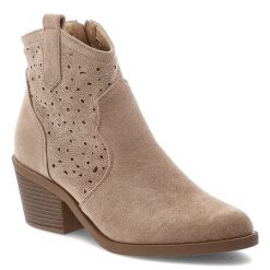 Botki damskie S.Barski o eleganckim fasonie z ażurową cholewką i stabilnym obcasem w stylu kowbojek beżowe, HY62-8147 Beige. Brązowe botki S.BARSKI, z aplikacjami, z jeansu, eleganckie, bez obcasa, na obcasie, bez zapięcia. Za 179.00 zł.