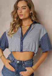 Granatowa Bluzka Krótka w Stylu Retro na Guziki Ozdobiona Paskami Fito. Niebieskie bluzki Renee, bez wzorów, retro, bez kołnierzyka, bez ramiączek. W wyprzedaży za 35.99 zł.