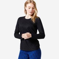 Koszulka z długim rękawem damska Domyos Gym & Pilates 100. Czarne t-shirty sportowe DOMYOS, m, bez wzorów, z bawełny, bez ramiączek, na fitness i siłownię. Za 19.99 zł.