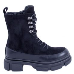 BM Botki sznurowane Kinney Black czarne. Czarne botki BM, bez wzorów, z futra, bez obcasa, bez zapięcia. Za 137.96 zł.