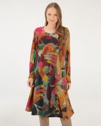 Wzorzysta sukienka z dzianiny. Sukienki Unisono, s, bez wzorów, z dzianiny, bez kołnierzyka, bez ramiączek, midi, rozkloszowane. Za 189.00 zł.