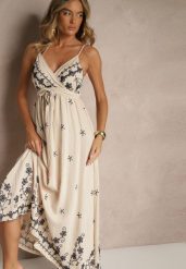 Jasnobeżowa Wiskozowa Sukienka z Kopertowym Dekoltem i Haftami Sarondra. Brązowe sukienki Renee, na co dzień, m, bez wzorów, z wiskozy, eleganckie, bez kołnierzyka, bez ramiączek, maxi, kopertowe. W wyprzedaży za 99.99 zł.