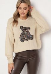 Beżowy Sweter z Wiskozy Ozdobiony Misiem i Cekinami Lilimi. Brązowe swetry Born2be, l, bez wzorów, z jeansu, eleganckie, bez ramiączek. W wyprzedaży za 118.99 zł.