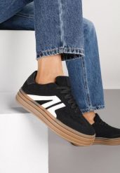 Czarne Sneakersy Tenisówki na Platformie z Tłoczeniem i Geometrycznym Motywem Kialie. Czarne trampki Renee, bez wzorów, eleganckie, bez zapięcia. Za 89.99 zł.