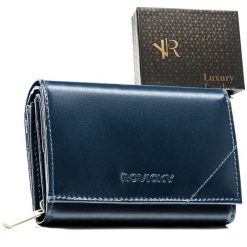 Kompaktowy portfel damski ze skóry naturalnej w granatowym kolorze zamykany zatrzaskiem - Rovicky. Niebieskie portfele bez wzorów, ze skóry. Za 56.00 zł.