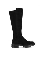 Rieker Kozaki 76890-00 Czarny. Czarne kozaki Rieker, bez wzorów, z materiału, bez obcasa, na słupku, bez zapięcia. Za 311.00 zł.