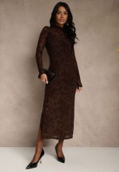 Brązowa Sukienka z Domieszką Wiskozy Ozdobiona Welurowym Nadrukiem Vetionne. Brązowe sukienki Renee, na co dzień, l, bez wzorów, z weluru, eleganckie, bez kołnierzyka, bez ramiączek, midi. Za 159.99 zł.