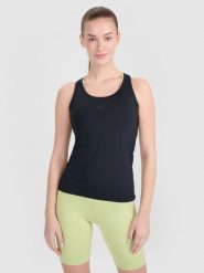 4F Top treningowy slim szybkoschnący damski - czarny L. Czarne topy 4f, l, bez wzorów, z elastanu, na fitness i siłownię. Za 69.99 zł.