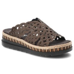 Klapki damskie Rieker, cholewka ze skóry ekologicznej ozdobne dżety fason na solidnej podeszwie, brązowe, V7992-24. Brązowe klapki Rieker, bez wzorów, ze skóry ekologicznej, bez obcasa, na koturnie, bez zapięcia. Za 319.00 zł.