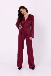 Satynowy Kombinezon z Kopertowym Dekoltem - Bordowy. Czerwone kombinezony MOE, l, bez wzorów, z elastanu, eleganckie, bez kołnierzyka, bez ramiączek. Za 374.90 zł.