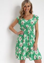 Zielona Sukienka Bawełniana w Kwiaty Aimya. Zielone sukienki Born2be, l, bez wzorów, z bawełny, bez kołnierzyka, bez ramiączek, mini, rozkloszowane. Za 79.99 zł.