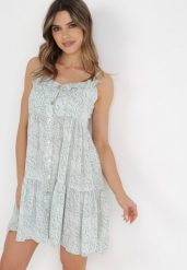 Jasnozielona Sukienka Typhotis. Zielone sukienki Born2be, na imprezę, l, bez wzorów, wakacyjne, bez kołnierzyka, bez ramiączek, mini, rozkloszowane. Za 129.99 zł.