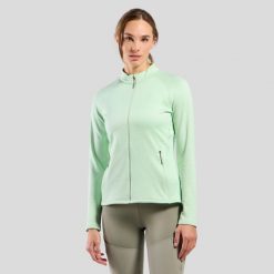 Bluza damska Odlo TENCIA Mid layer full zip. Zielone bluzy bez kaptura ODLO, na zimę, s, bez wzorów, z polaru, bez kaptura, trekkingowe. Za 449.99 zł.