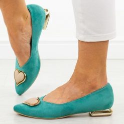 Miętowe Polskie baleriny damskie na obcasie Deoni D221. Zielone baleriny Deoni, z aplikacjami, ze skóry, biznesowe, bez obcasa, na obcasie, bez zapięcia. Za 259.00 zł.