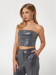 Guess Top W5RH0G WGX40 Srebrny Slim Fit. Szare topy Guess, xs, z aplikacjami, z syntetyku, bez kołnierzyka, bez ramiączek. Za 259.99 zł.