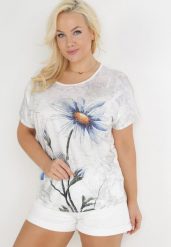Biała Bluzka Oversize z Metalicznym Nadrukiem w Kwiaty z Cyrkoniami Deqsa. Białe bluzki Born2be, m, bez wzorów, bez kołnierzyka, bez ramiączek. Za 69.99 zł.