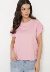 Różowy T-shirt z Bawełny Ozdobiony Rozcięciami przy Rękawach Katirna. Czerwone t-shirty Born2be, bez wzorów, z bawełny, klasyczne, bez kołnierzyka, bez ramiączek. Za 89.99 zł.