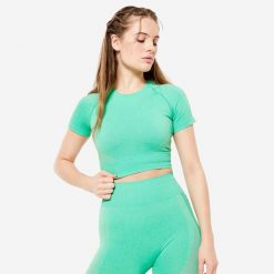 Koszulka fitness damska Domyos krótki rękaw. Czarne biustonosze DOMYOS, bez wzorów, z materiału. Za 79.99 zł.
