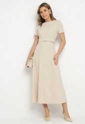 Beżowa Rozkloszowana Sukienka Ozdobiona Paskiem Desianna. Brązowe sukienki Born2be, na co dzień, m, bez wzorów, eleganckie, bez kołnierzyka, bez ramiączek, maxi, rozkloszowane. W wyprzedaży za 84.99 zł.