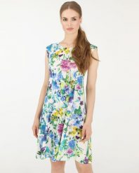 Wzorzysta sukienka mini. Sukienki Unisono, l, bez wzorów, z tkaniny, bez kołnierzyka, bez ramiączek, mini, rozkloszowane. Za 269.00 zł.
